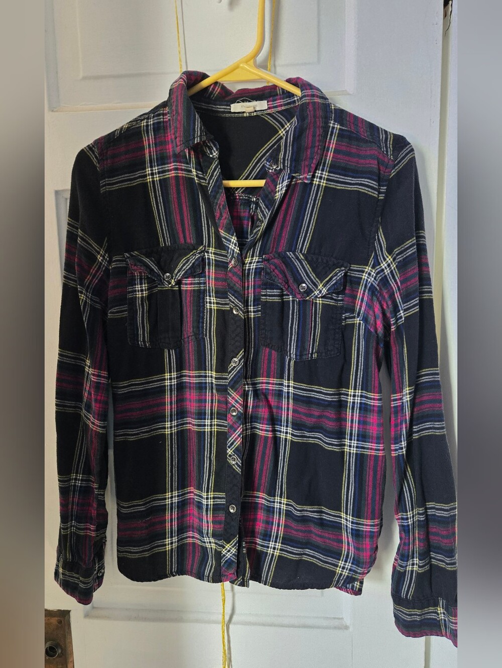 Maurices Black Plaid Button-Down Shirt with Pink and Yellow Accents